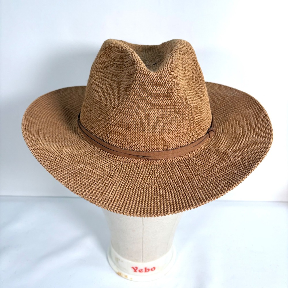 Marcus Adler Fedora Hat Brown Woven Paper Straw Faux Leather Trim Wide Brim‎